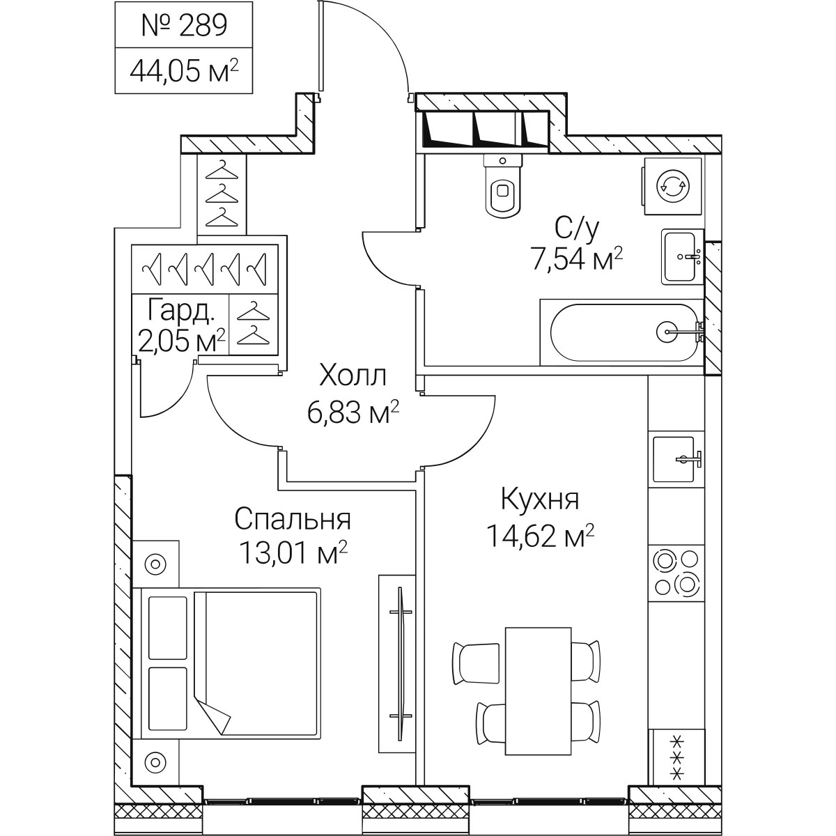Планировка 44.05 м²