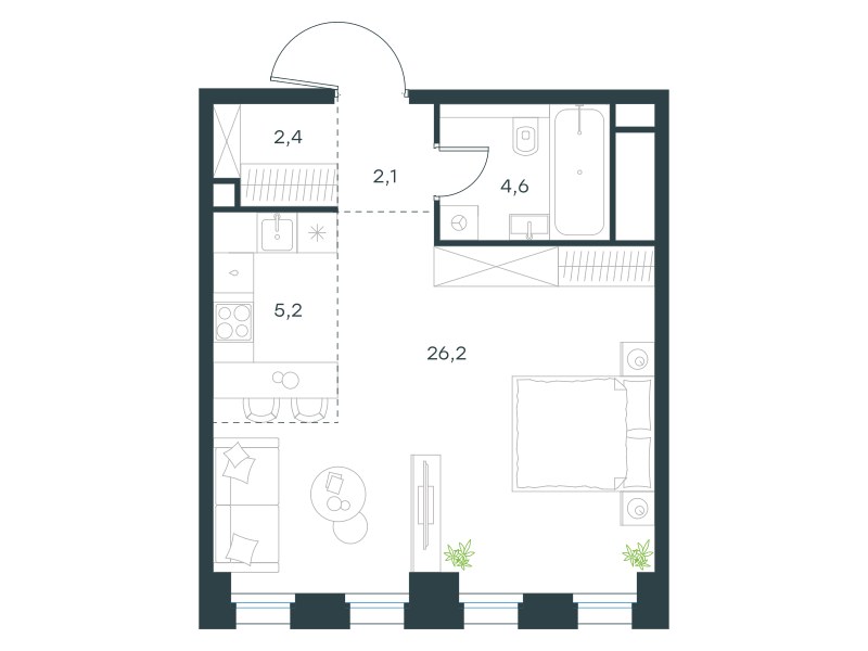 Планировка: 1-комнатная, 40.5 м²