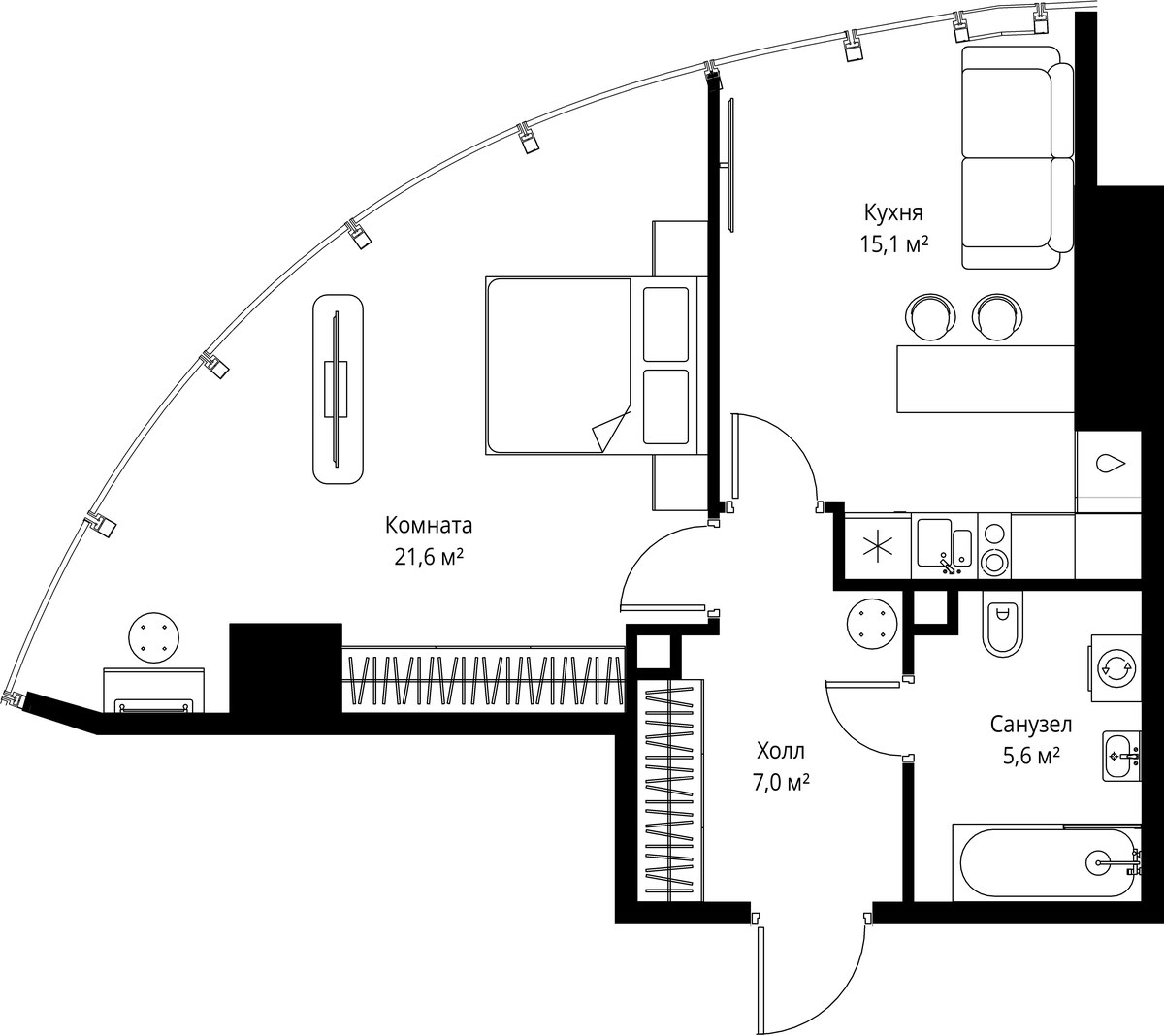 Планировка: 1-комнатная, 49.3 м²