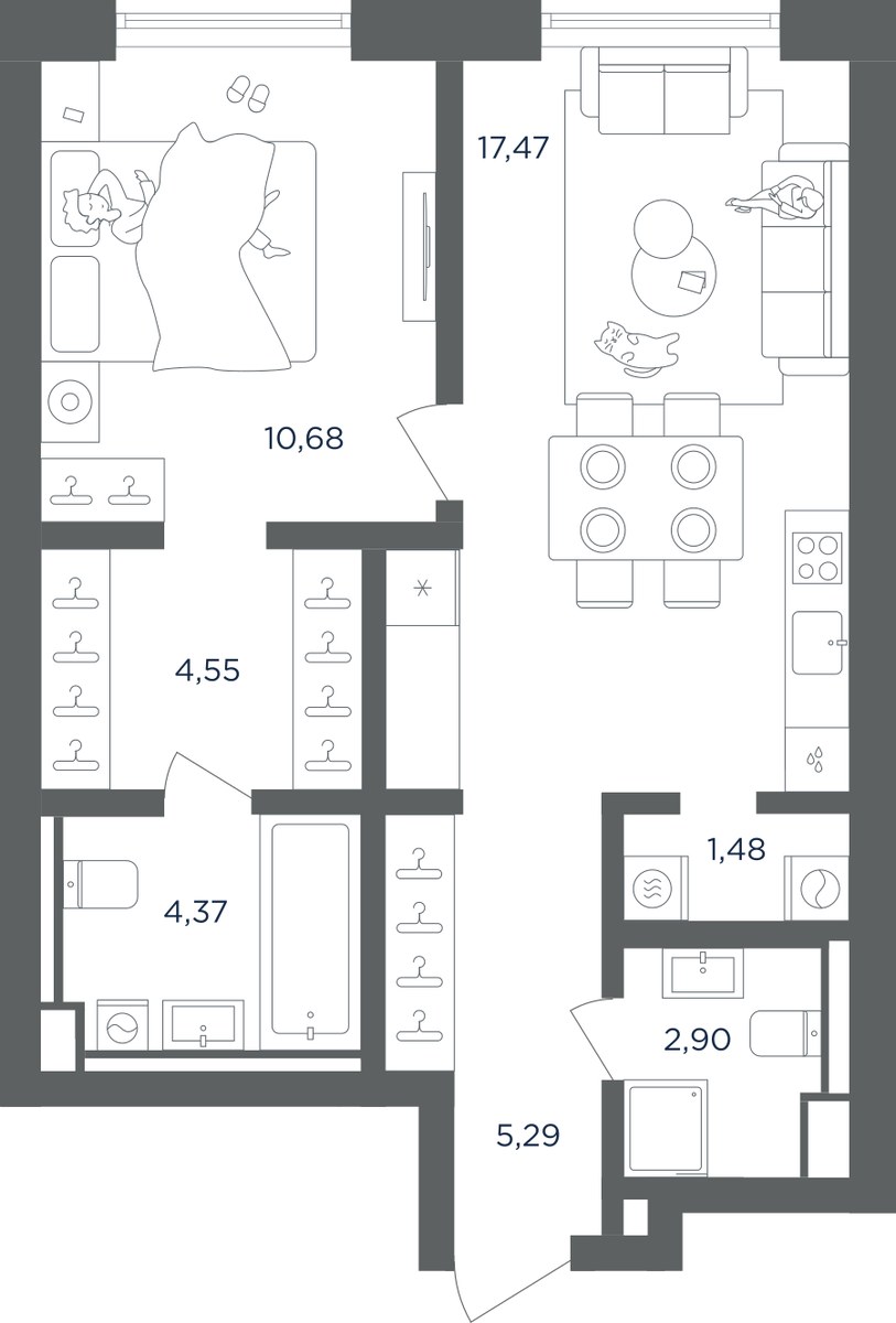 Планировка: 1-комнатная, 46.74 м²