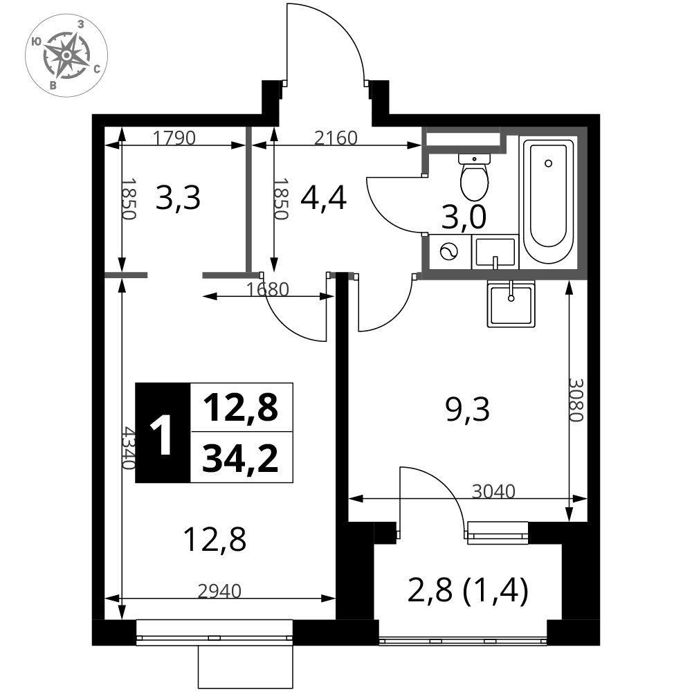Планировка 34.2 м²
