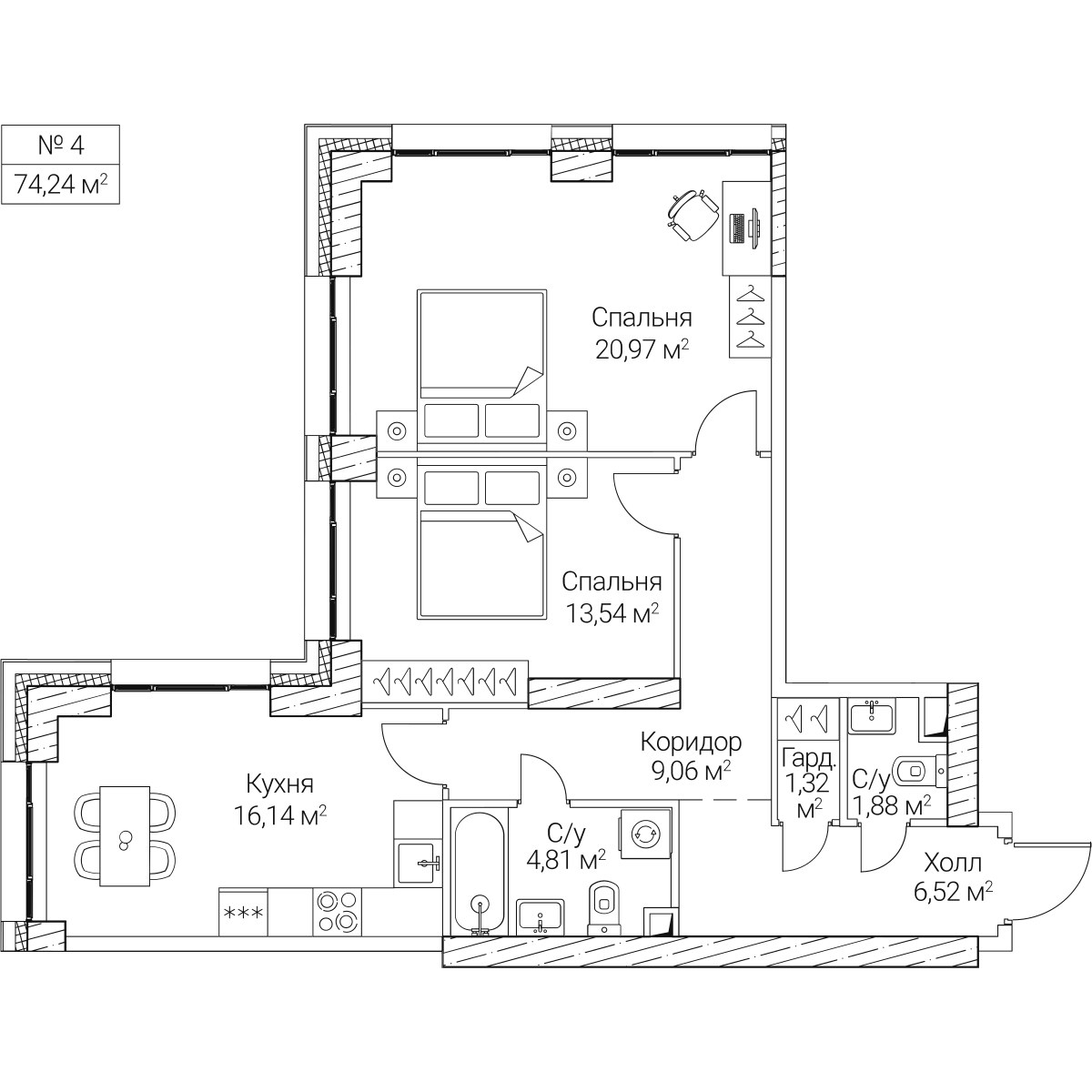 Планировка 74.24 м²