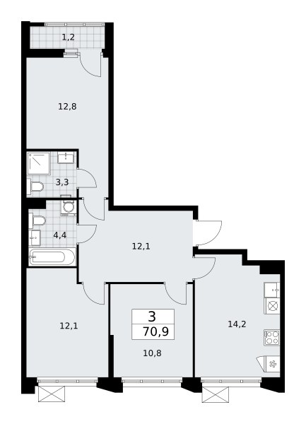 Планировка: 3-комнатная, 70.9 м²