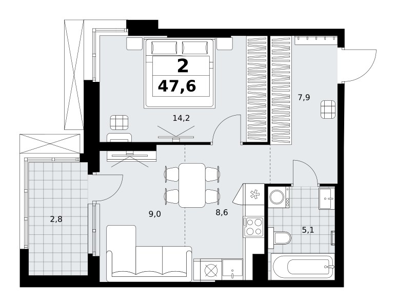 Планировка: 2-комнатная, 47.6 м²