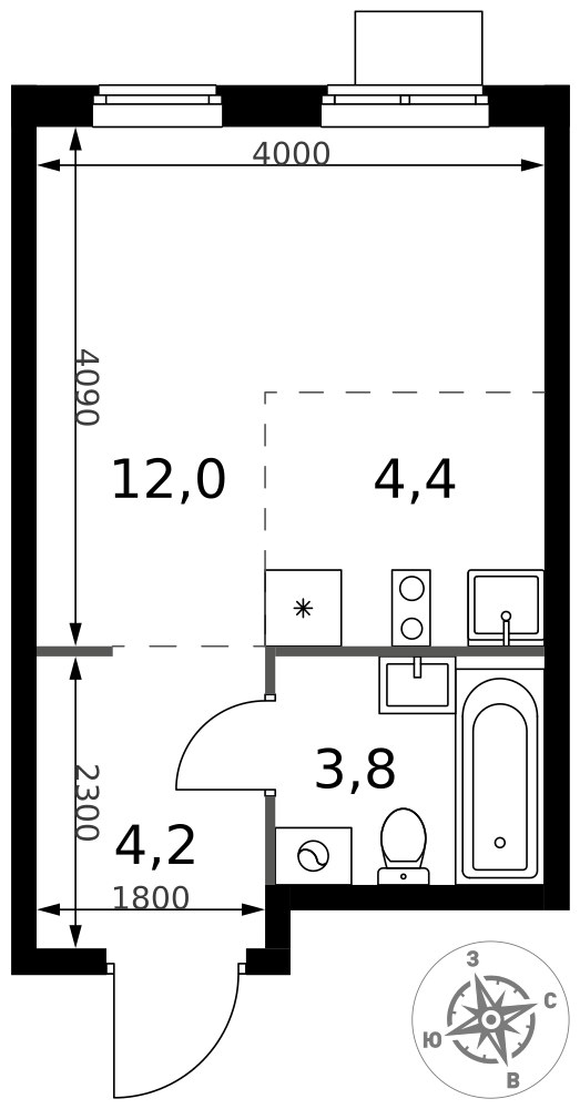 Планировка: Студия, 24.4 м²