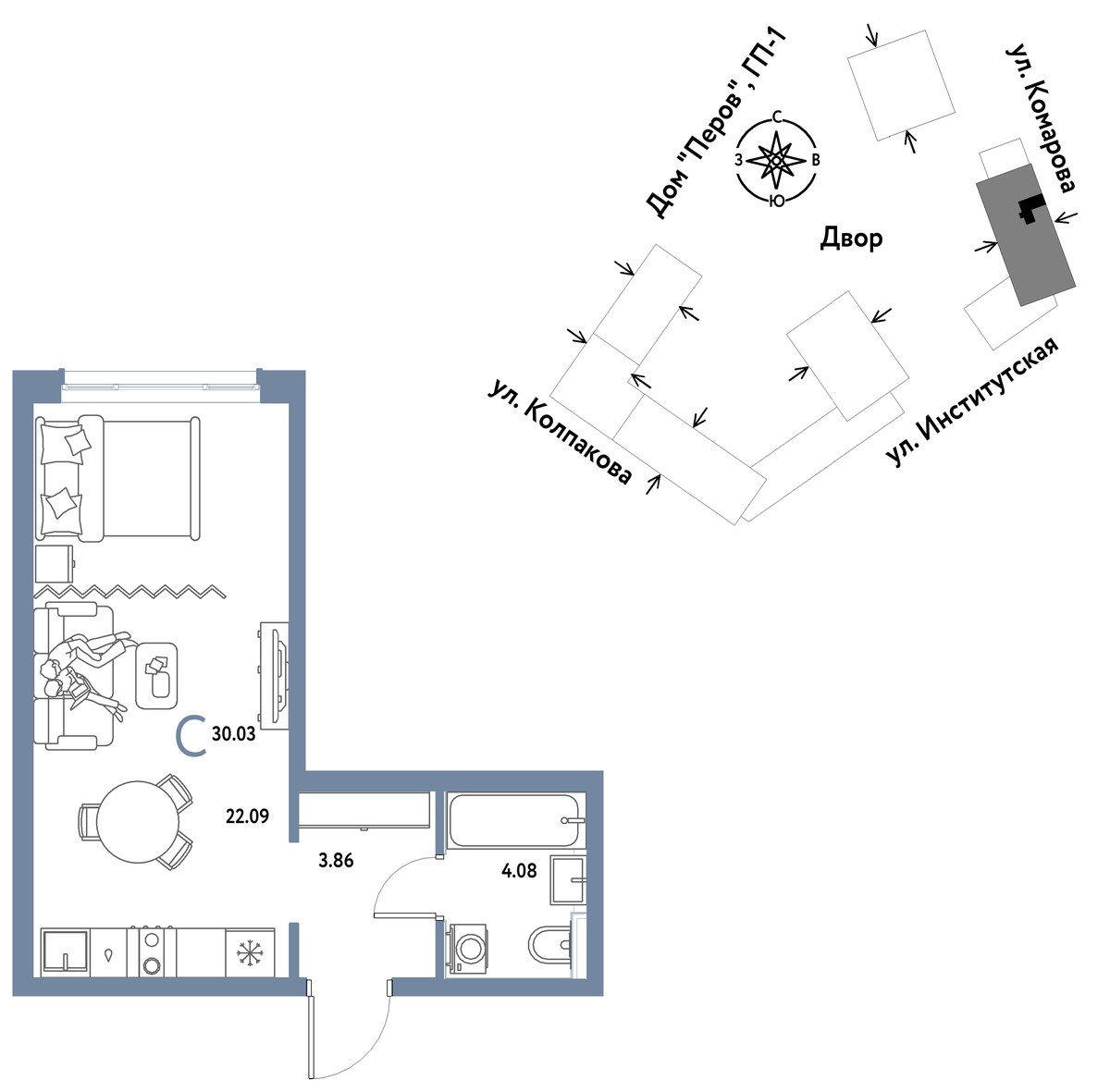 Планировка: 1-комнатная, 30.03 м²