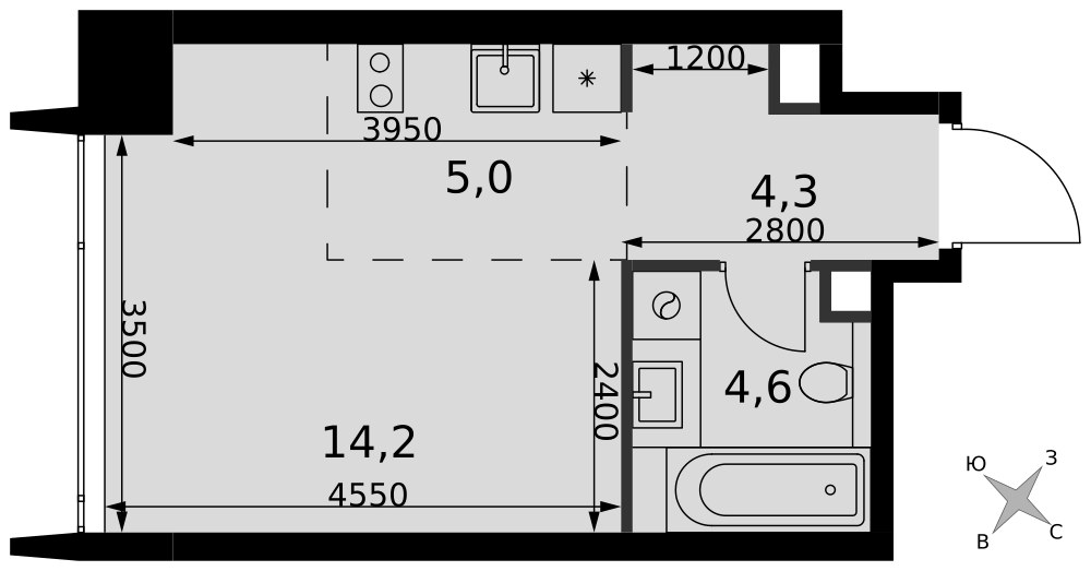 Планировка: Студия, 28.1 м²