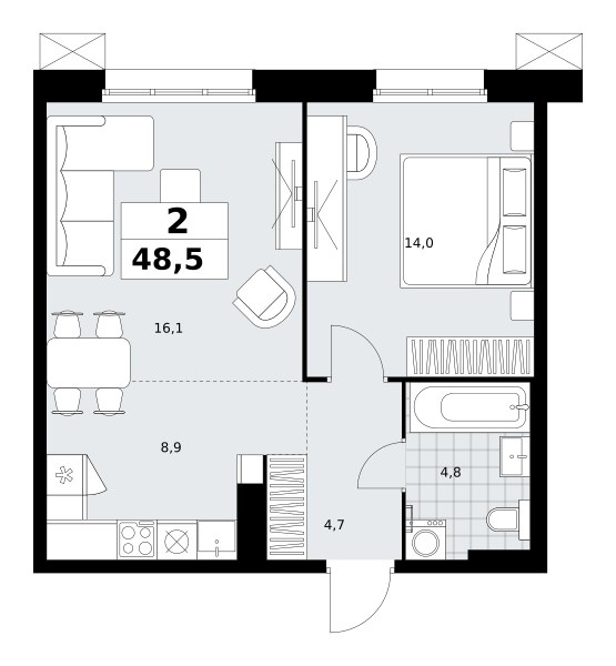 Планировка: 2-комнатная, 48.5 м²