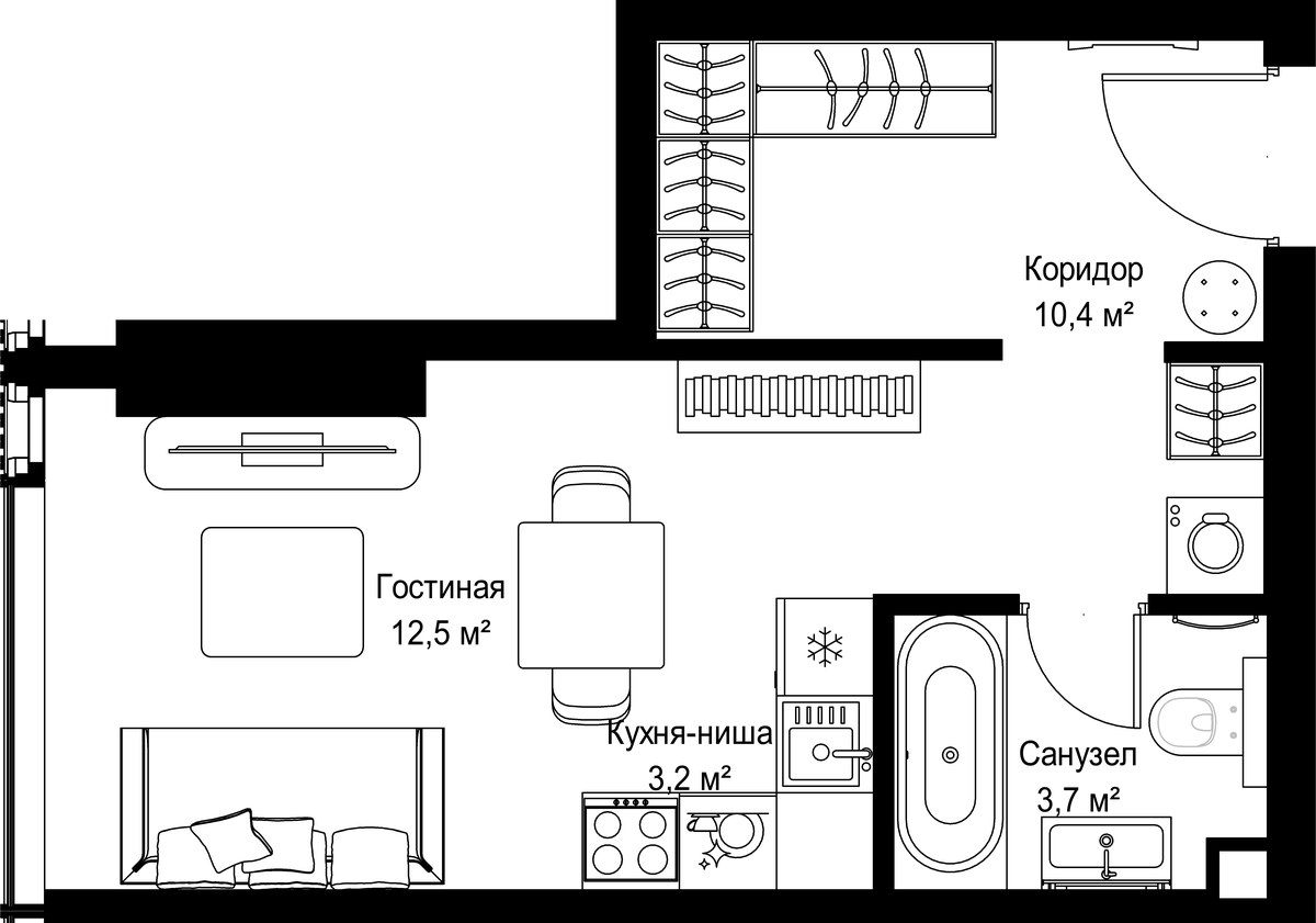 Планировка: Студия, 29.8 м²