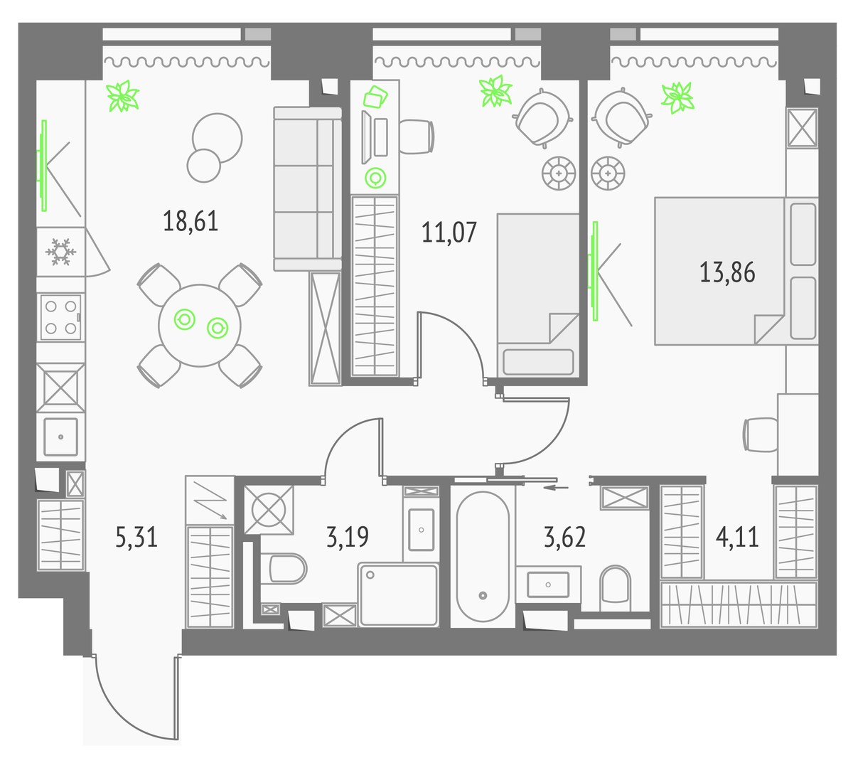 Планировка 63.57 м²