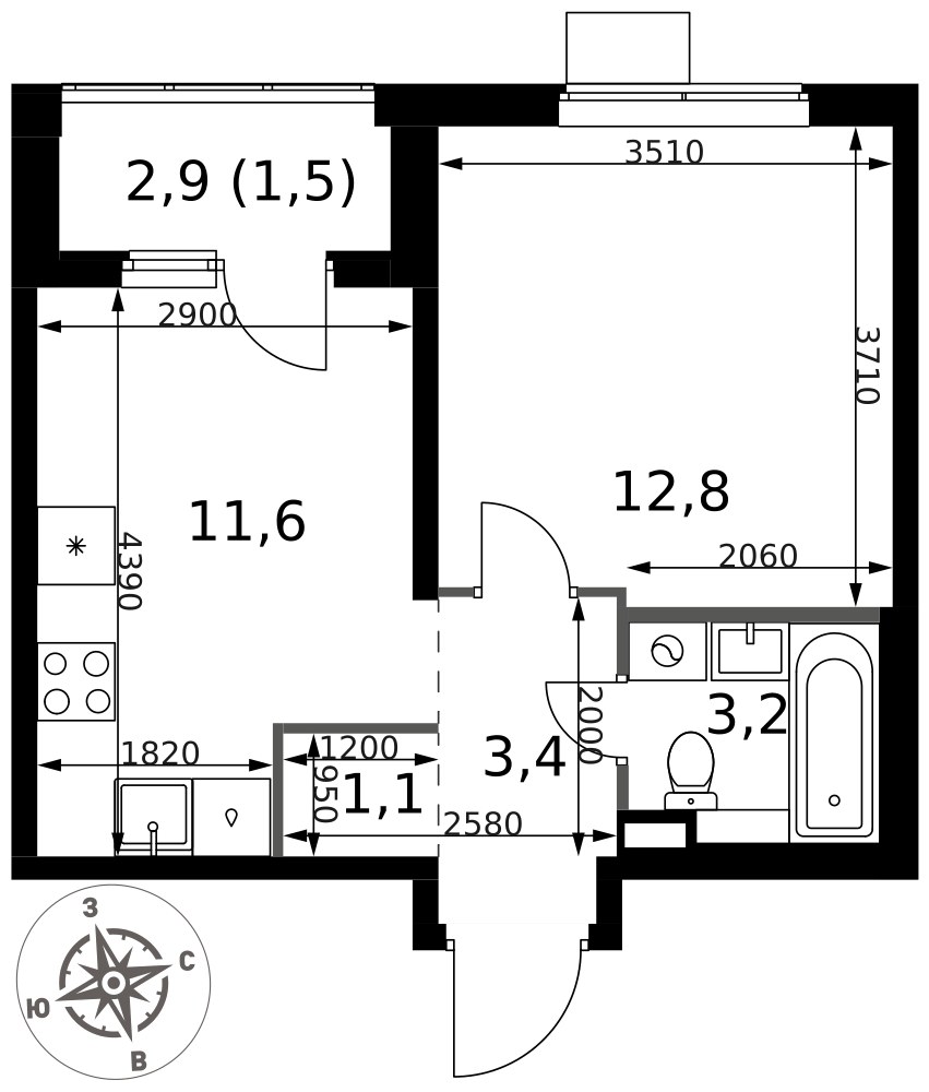 Планировка 33.6 м²