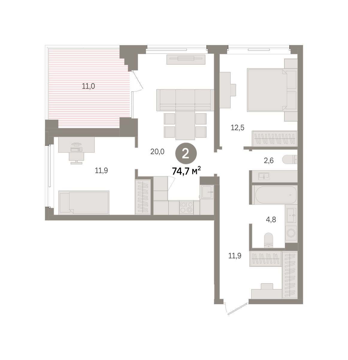 Планировка 74.7 м²
