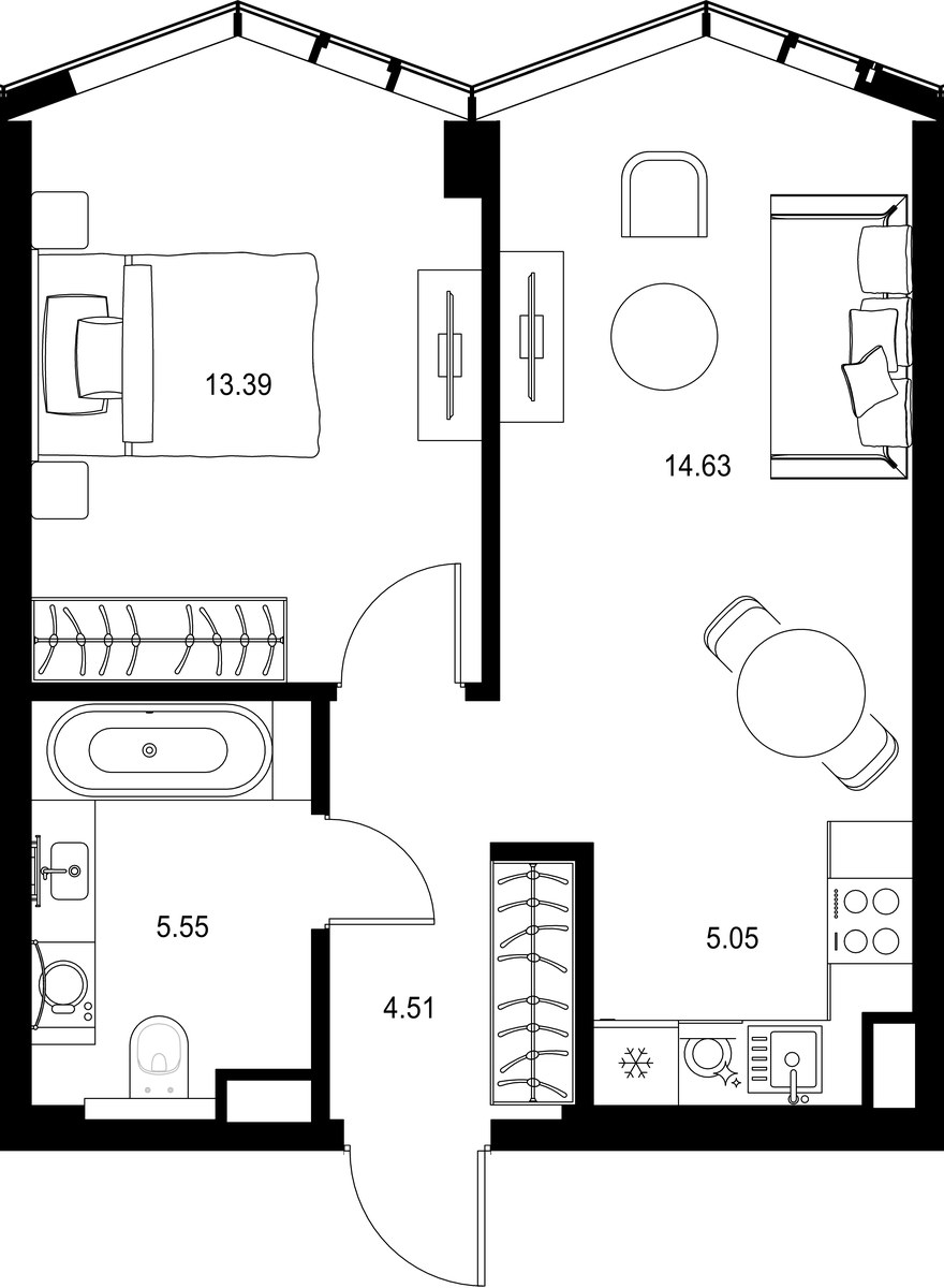 Планировка: 1-комнатная, 43.13 м²