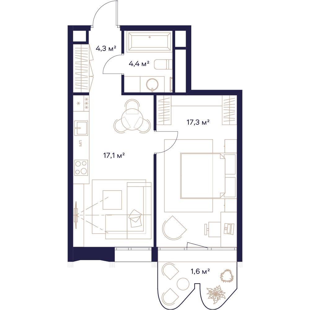 Планировка: 1-комнатная, 45.0 м²