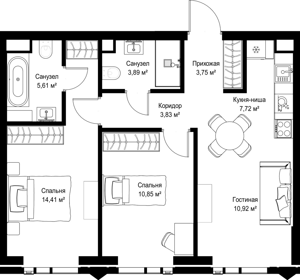 Планировка 60.98 м²