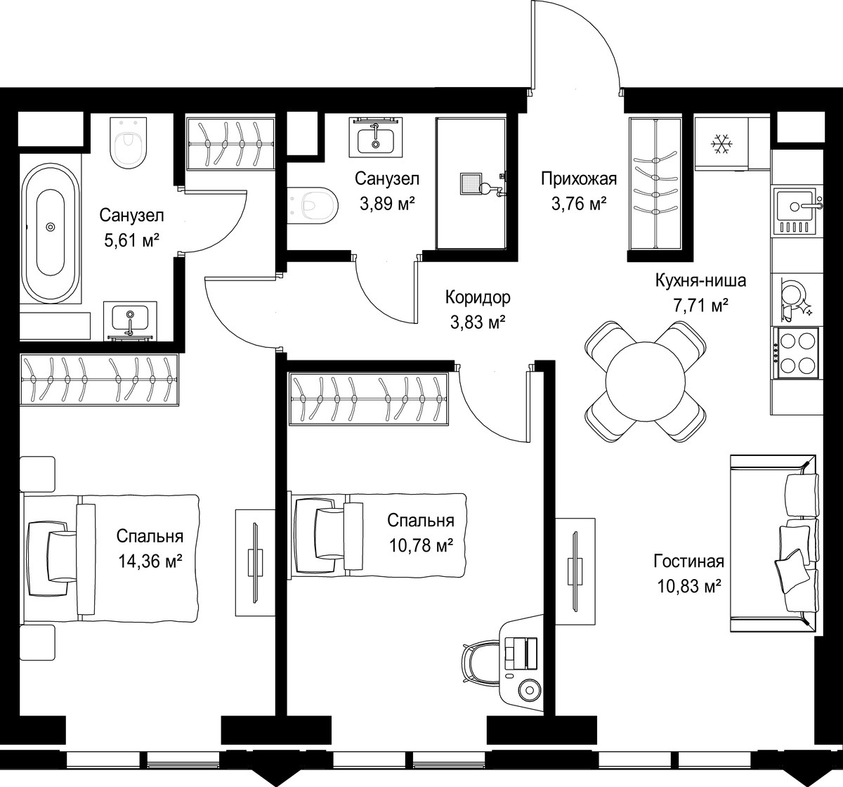 Планировка 60.77 м²
