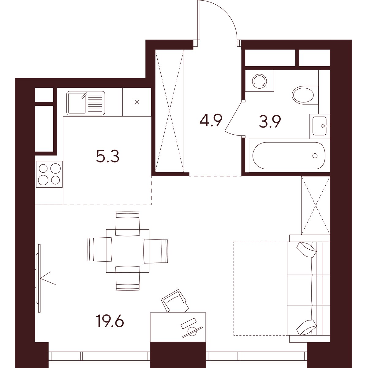 Планировка: 1-комнатная, 33.7 м²