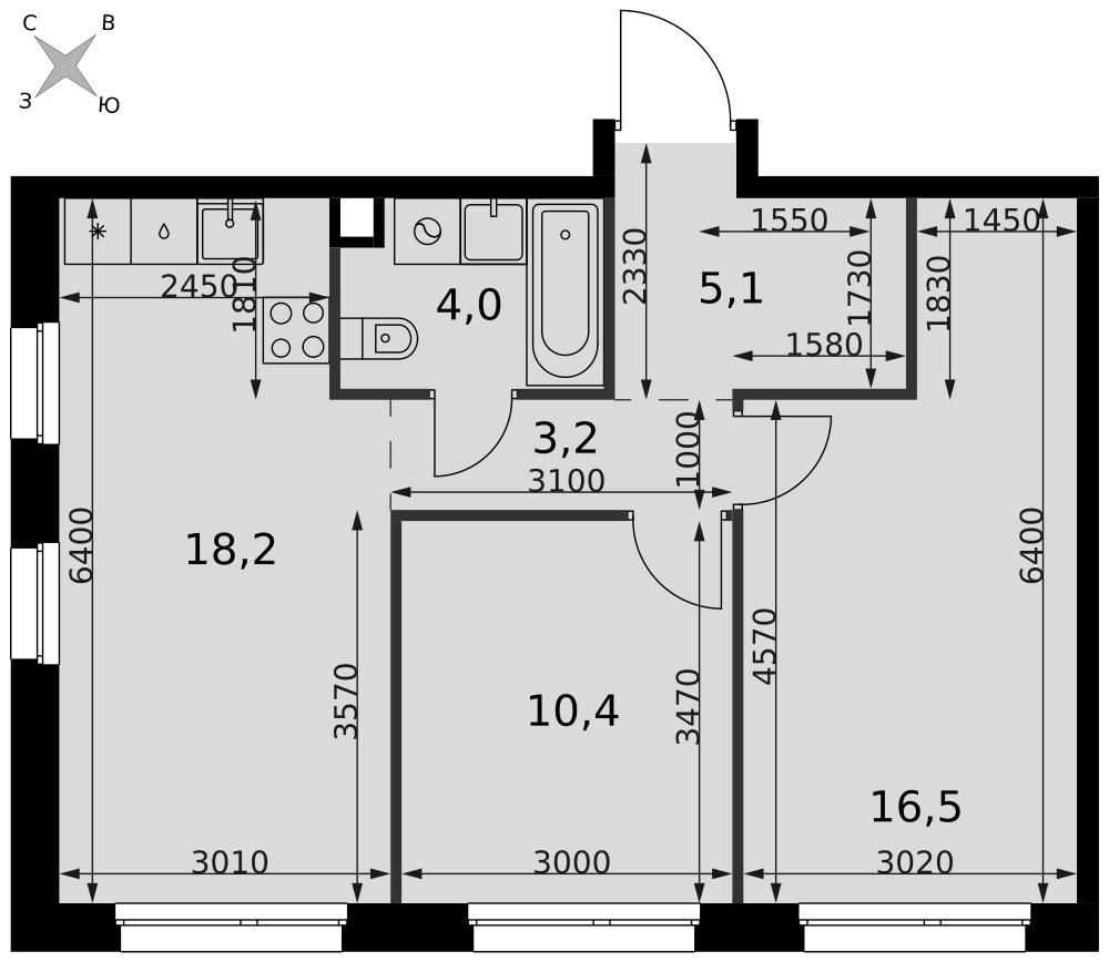 Планировка 57.4 м²