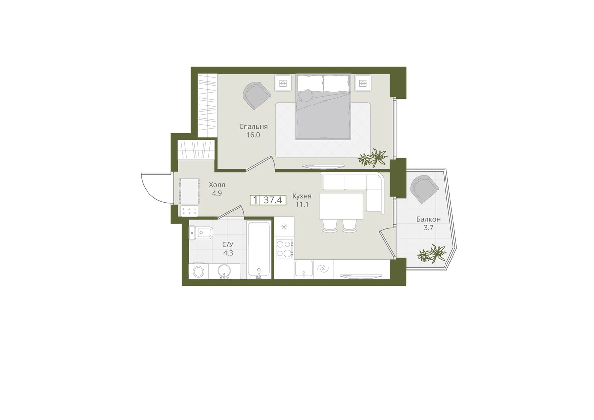 Планировка 37.4 м²