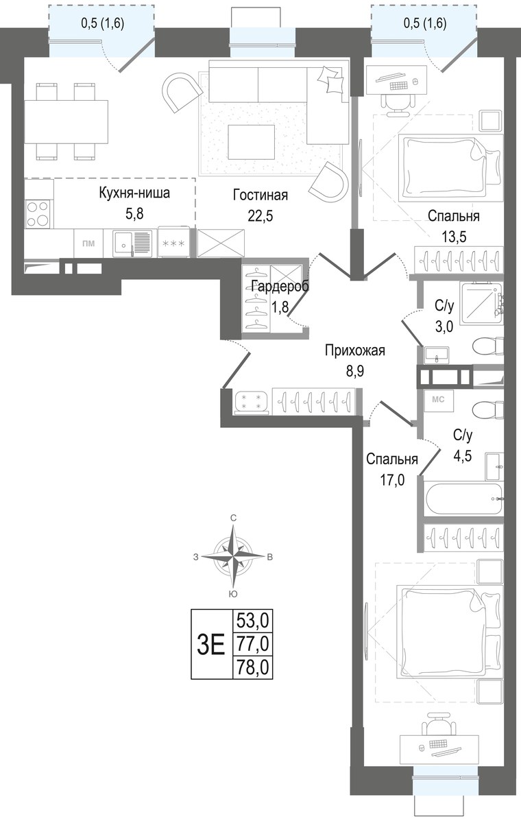 Планировка 77.0 м²