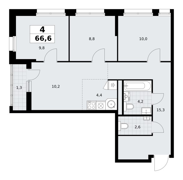 Планировка: 4-комнатная, 66.6 м²