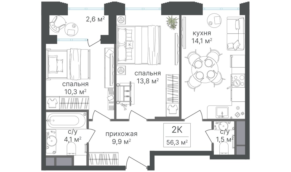 Планировка 54.7 м²