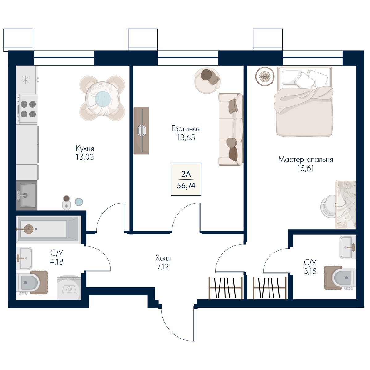 Планировка 56.74 м²