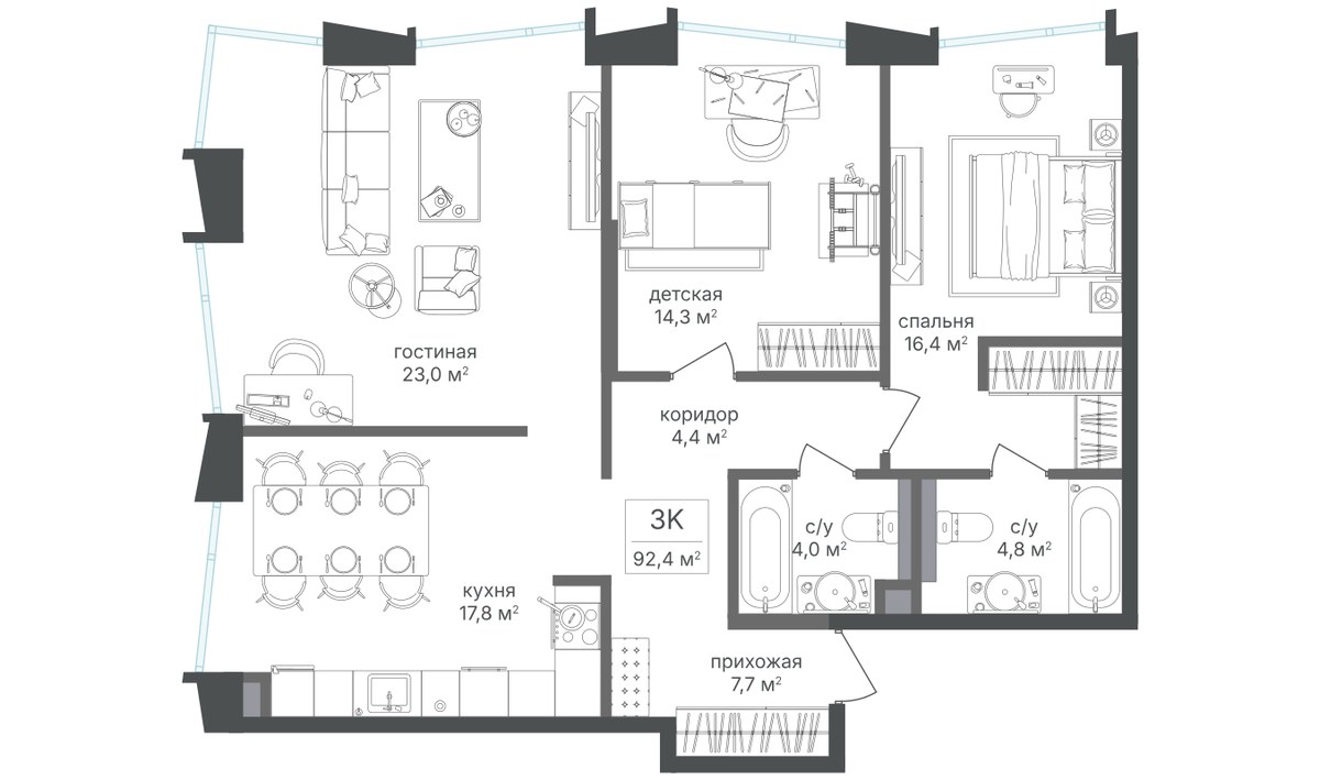 Планировка 92.4 м²
