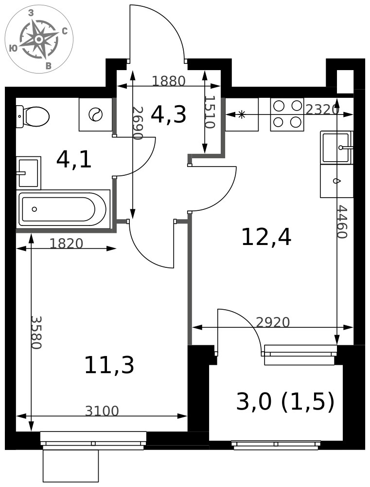 Планировка 33.6 м²