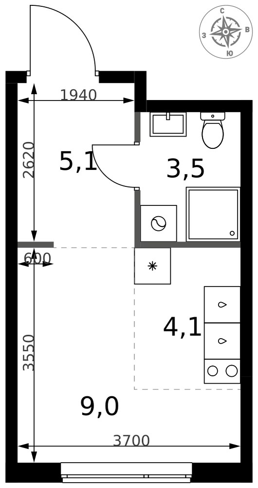 Планировка: Студия, 21.7 м²