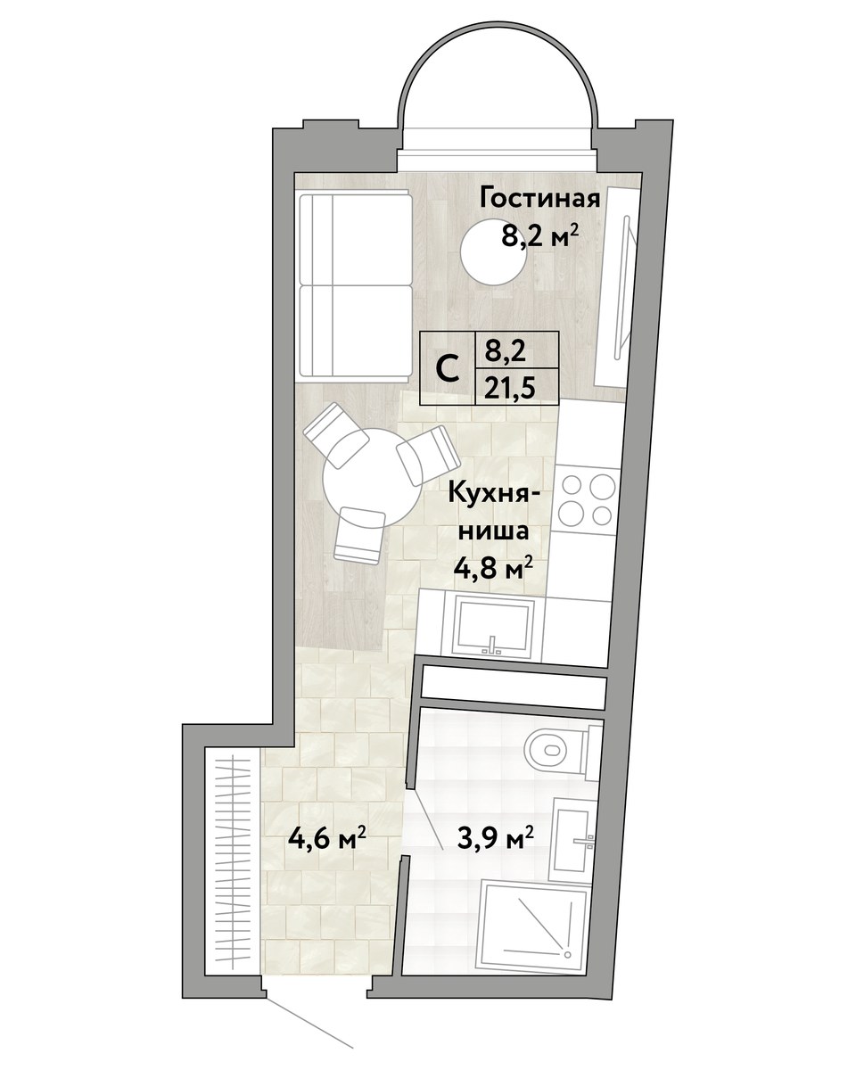 Планировка: Студия, 21.5 м²