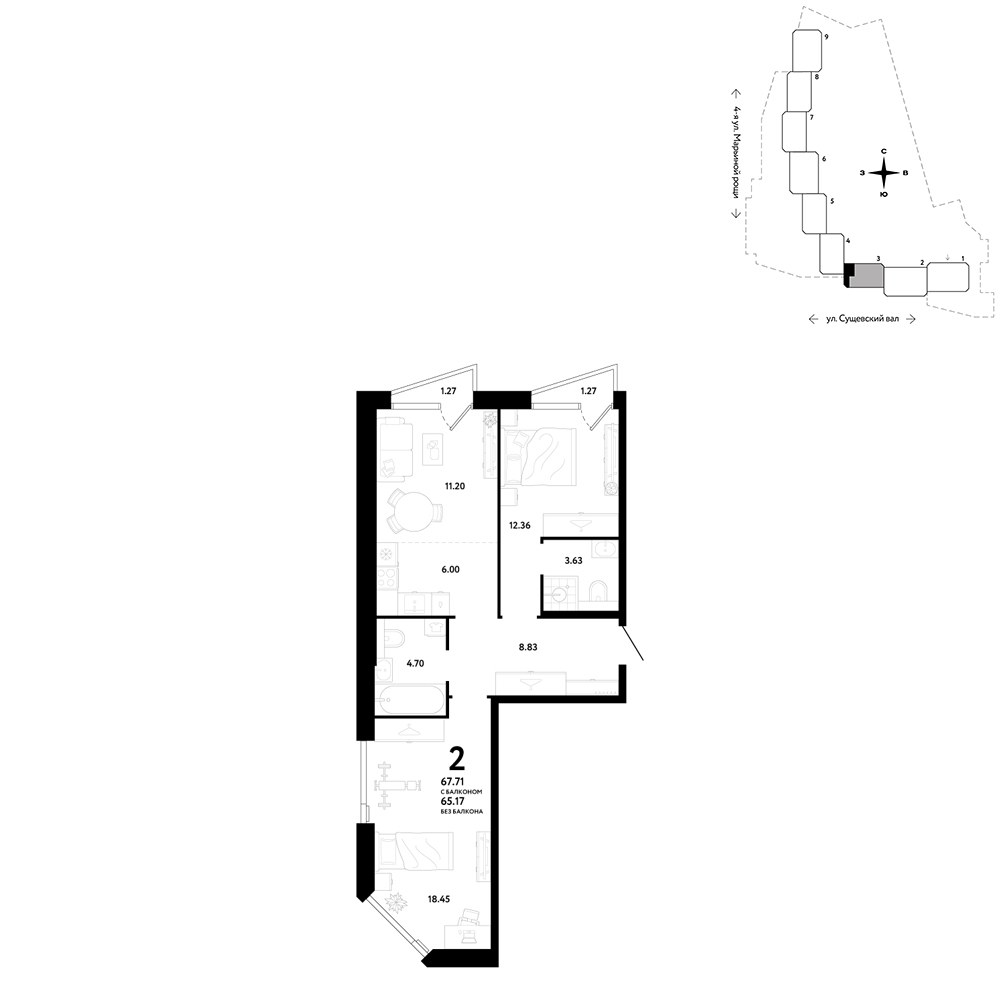 Планировка 67.71 м²