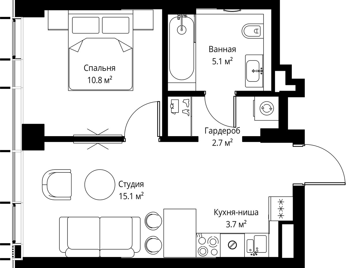 Планировка: 1-комнатная, 37.4 м²