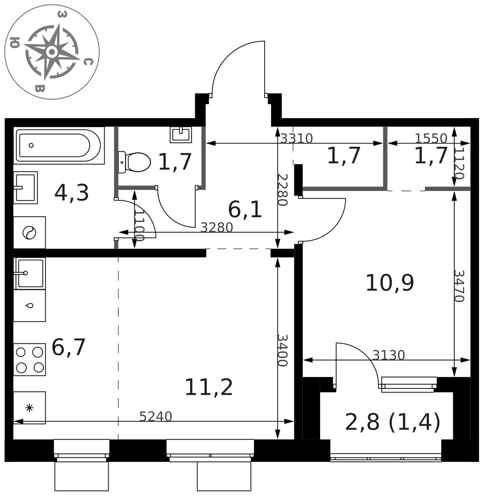 Планировка 45.7 м²