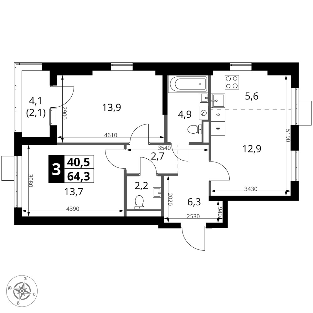 Планировка 64.3 м²