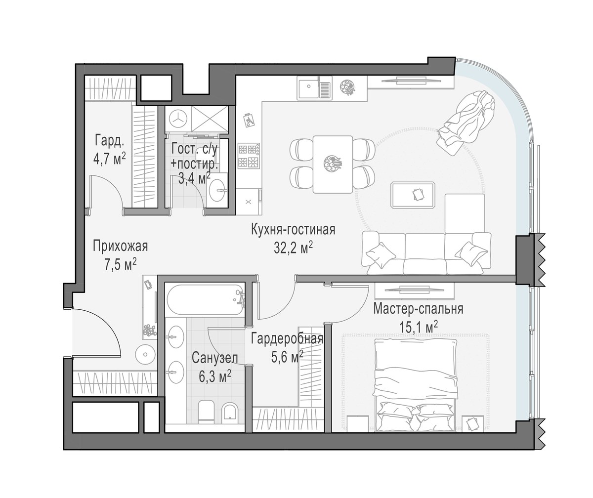 Планировка 74.7 м²