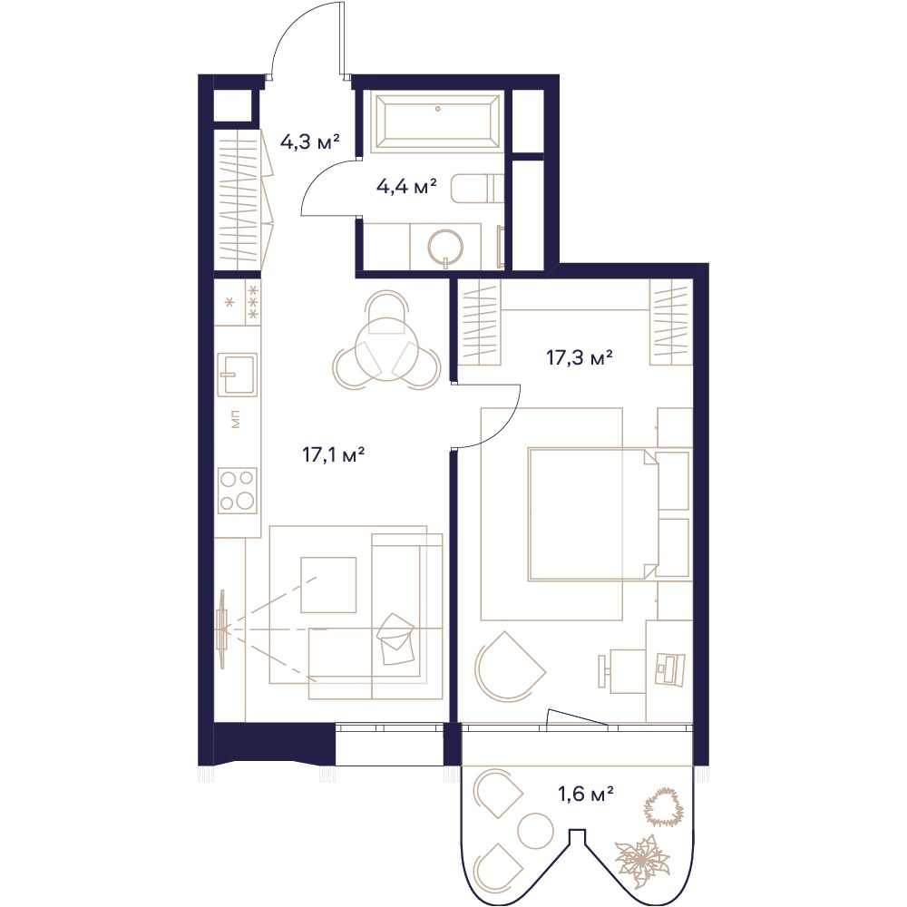 Планировка: 1-комнатная, 45.1 м²
