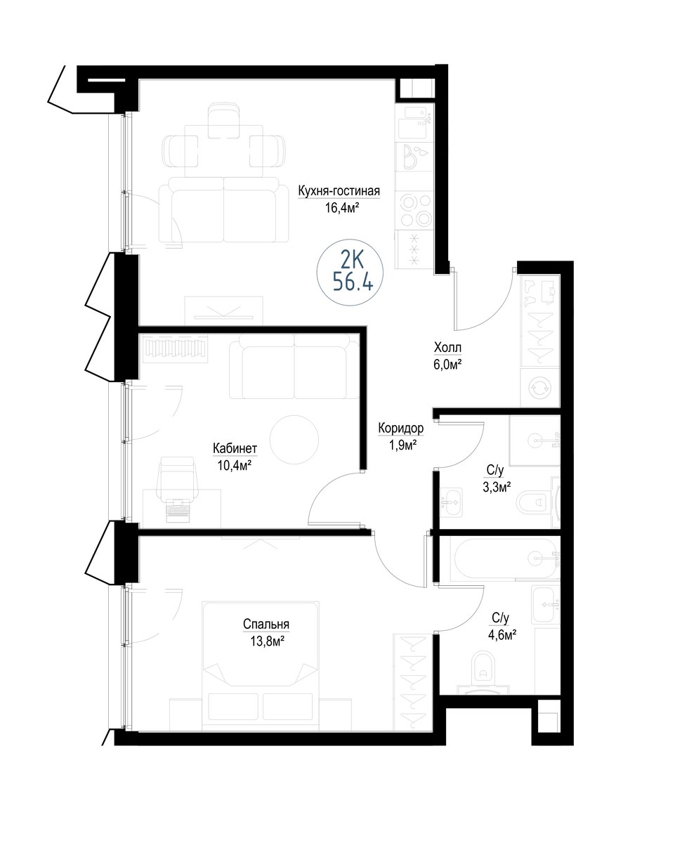 Планировка 55.8 м²