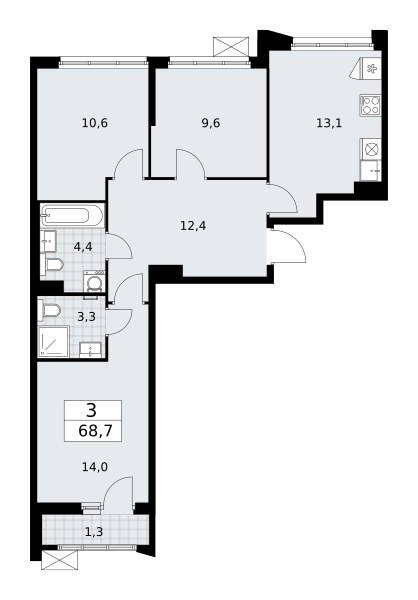 Планировка: 3-комнатная, 68.7 м²