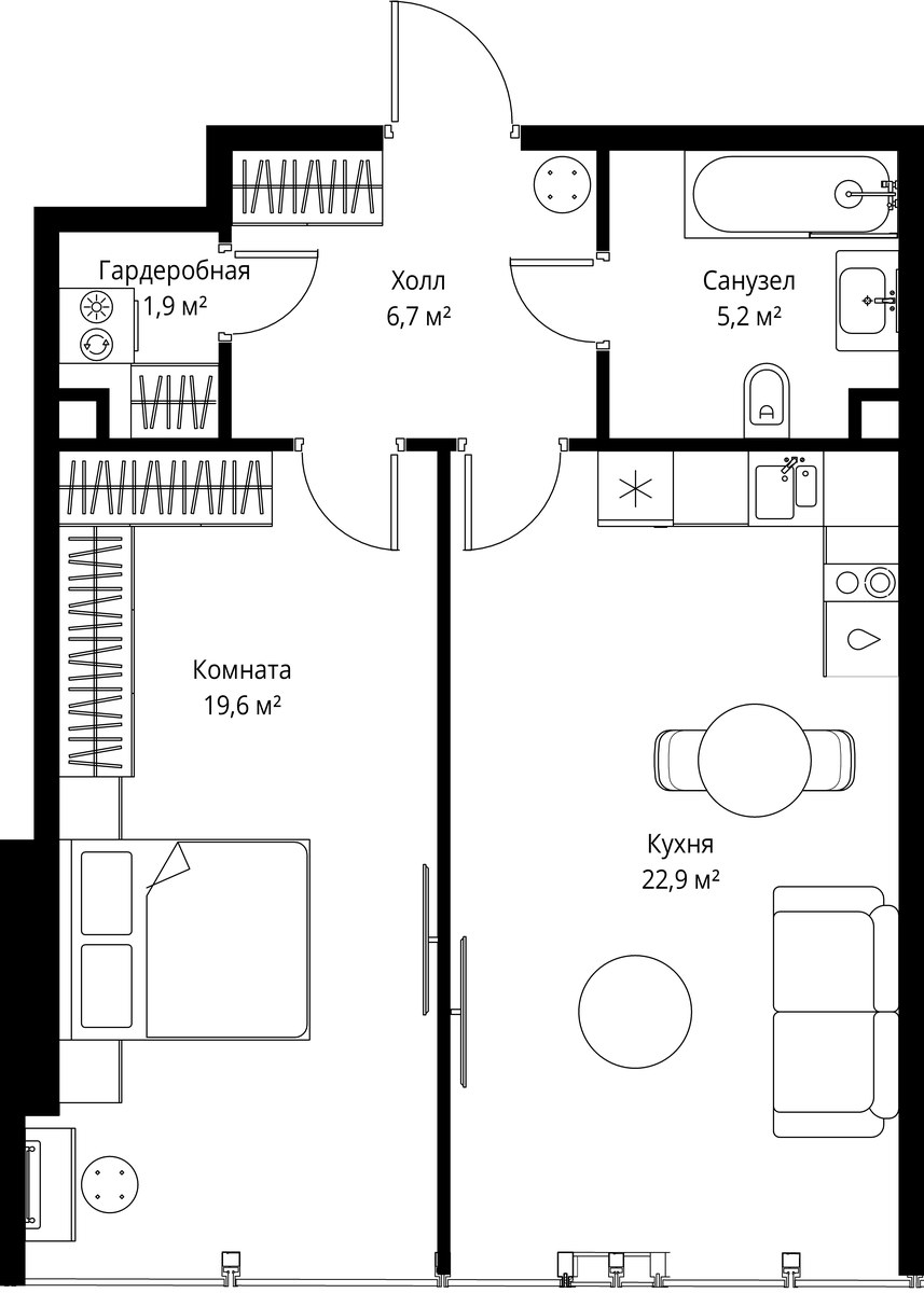 Планировка: 1-комнатная, 56.3 м²