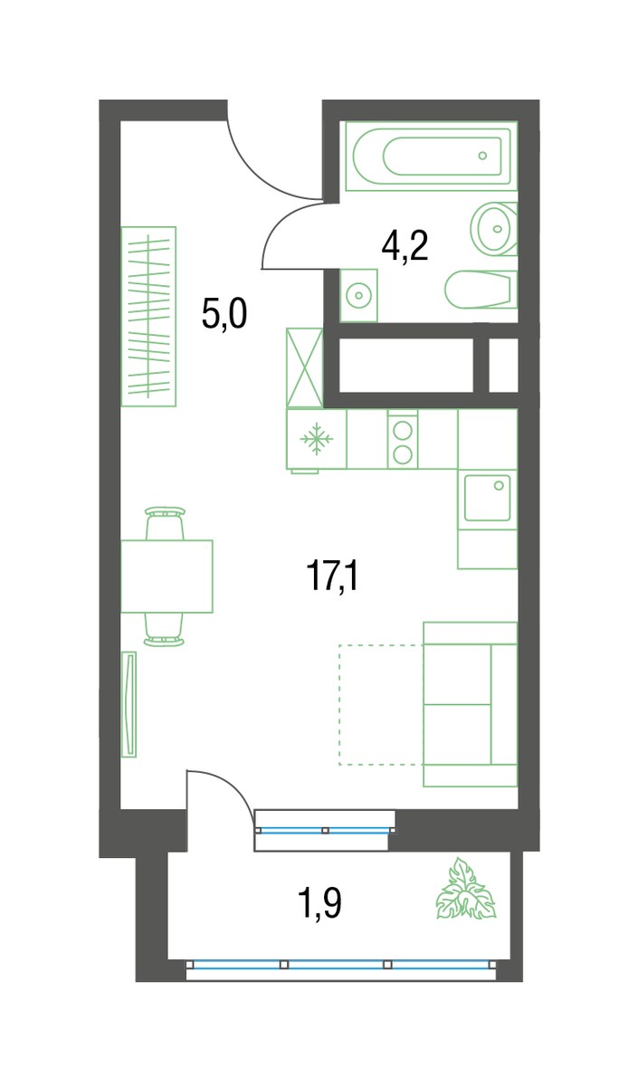 Планировка: Студия, 28.1 м²