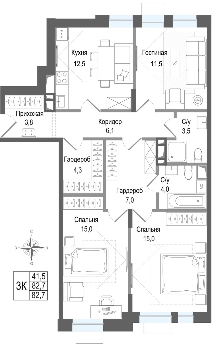 Планировка 82.7 м²
