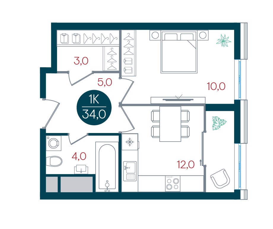 Планировка 34.0 м²