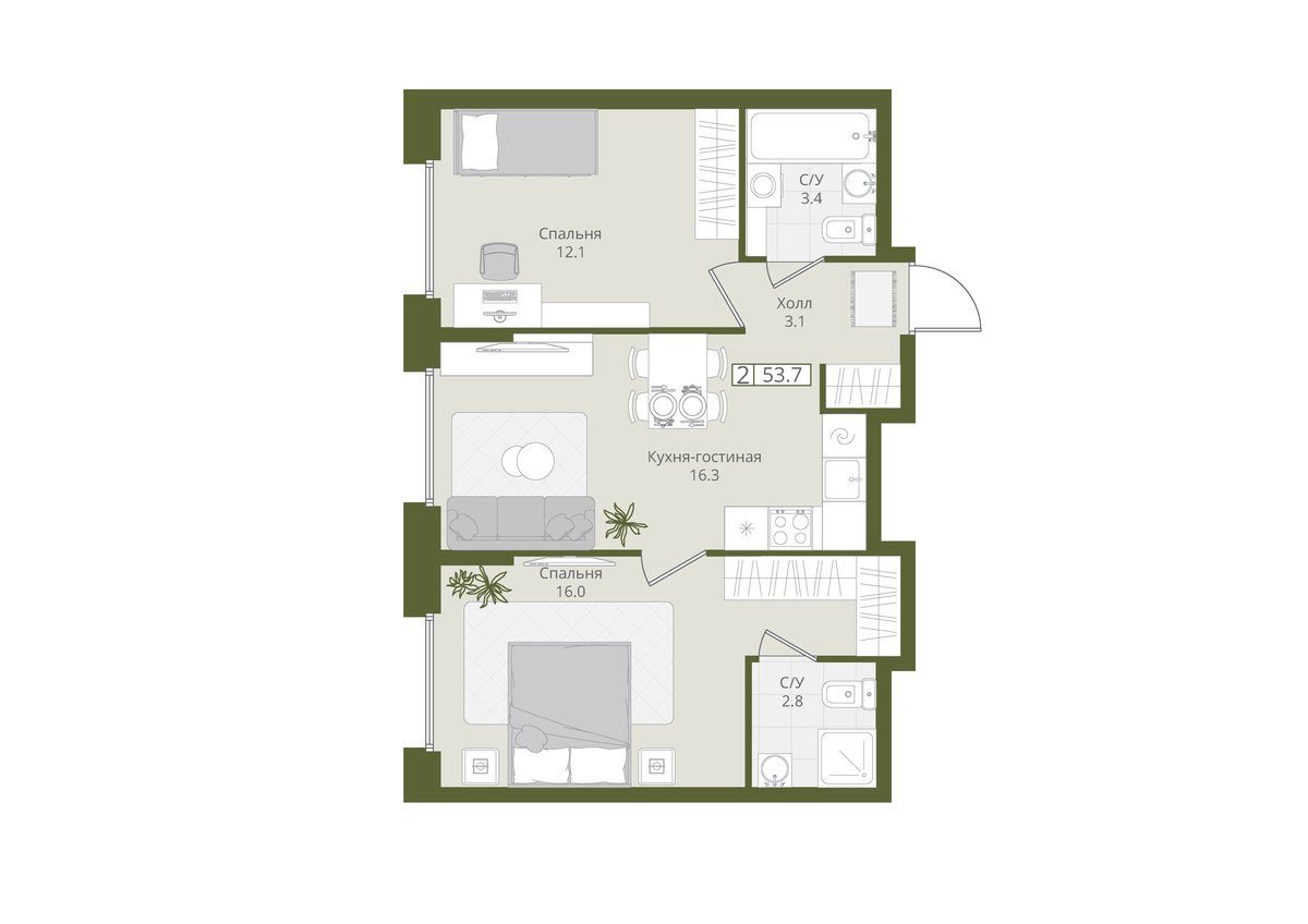 Планировка 53.7 м²