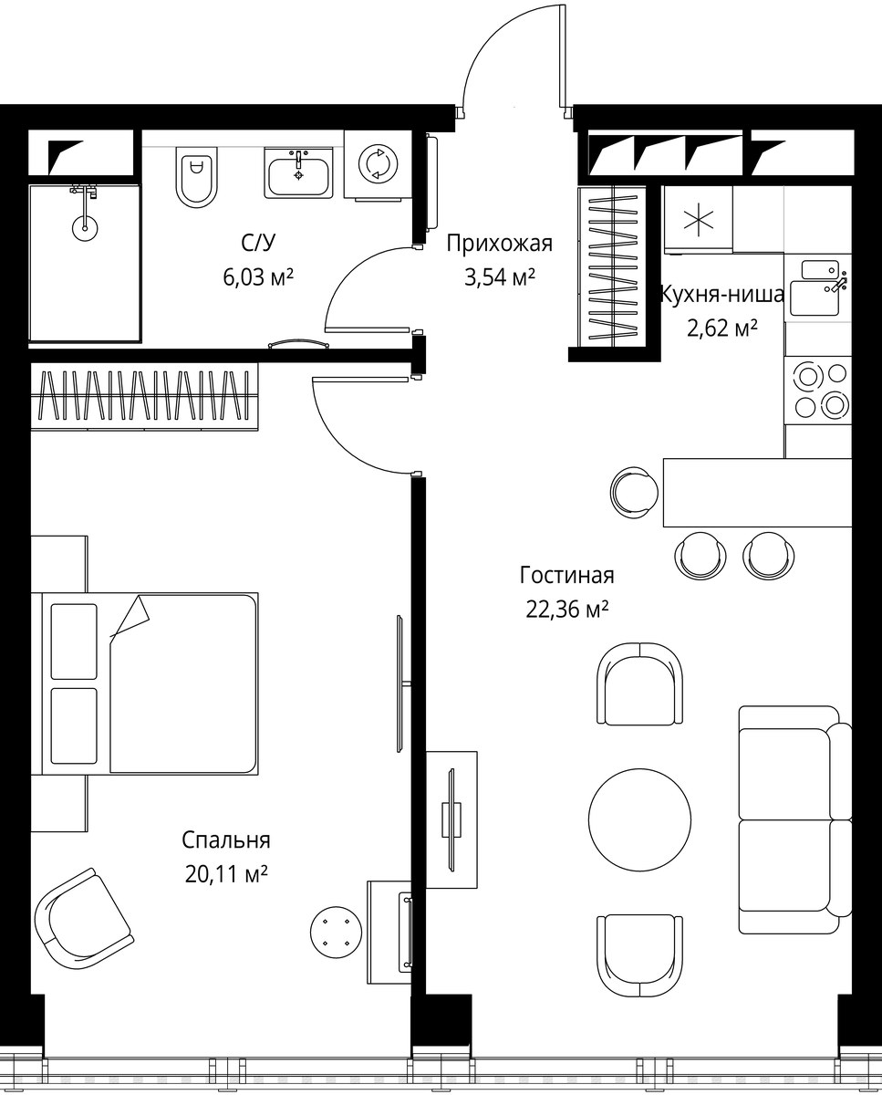 Планировка: 1-комнатная, 57.7 м²