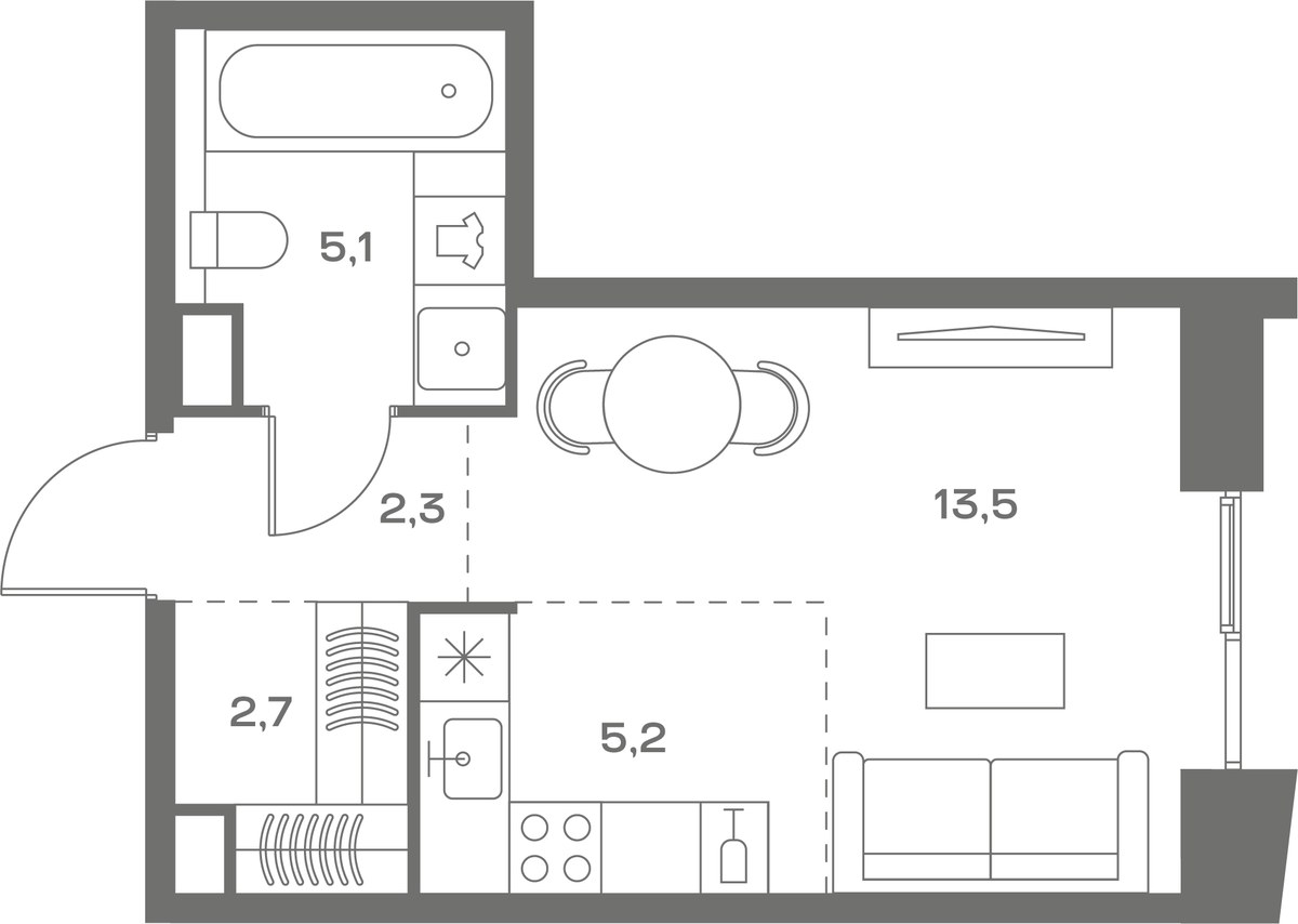 Планировка: Студия, 28.8 м²