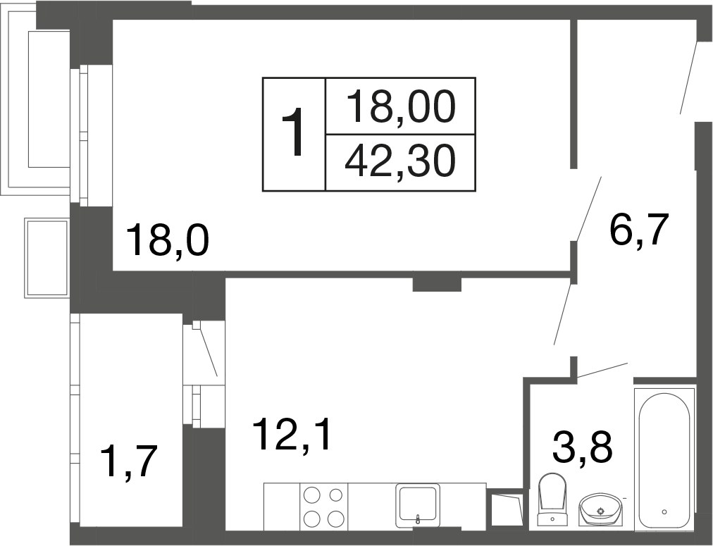 Планировка: 1-комнатная, 40.5 м²