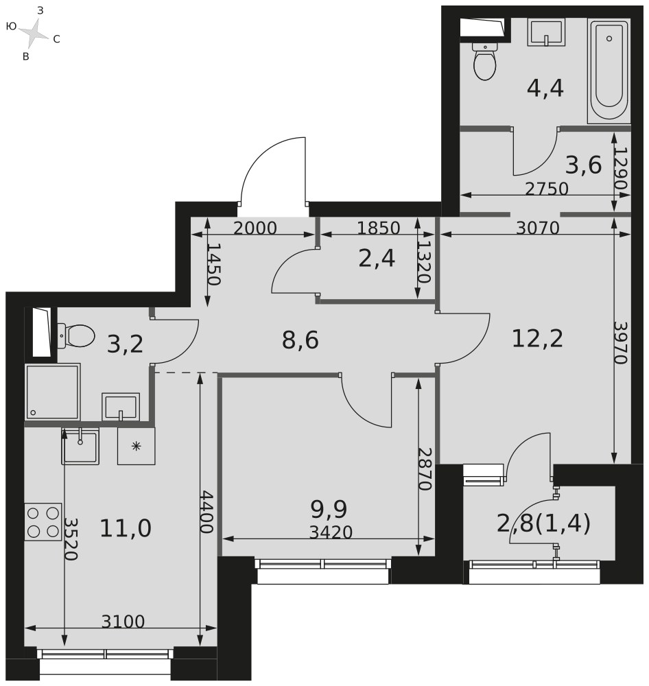 Планировка 56.7 м²