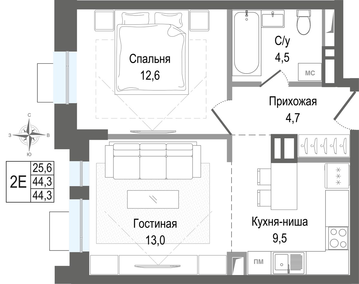 Планировка 44.3 м²