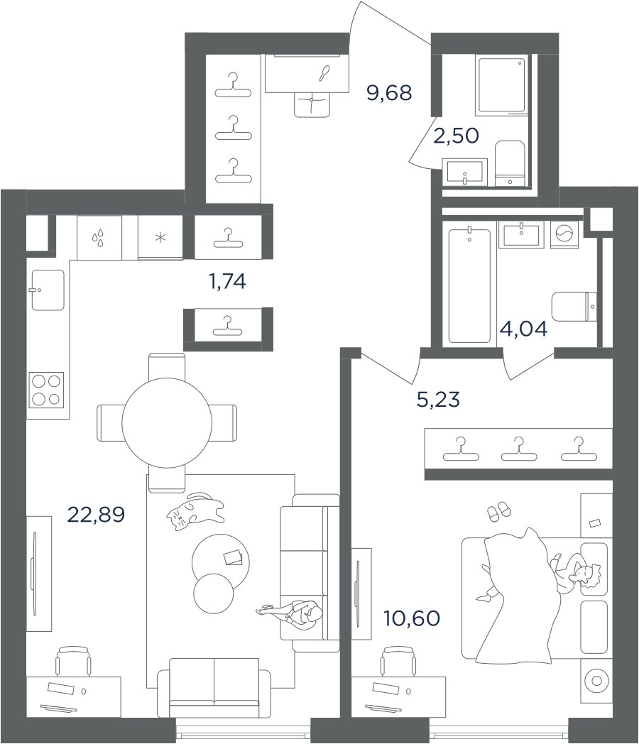 Планировка: 1-комнатная, 56.68 м²